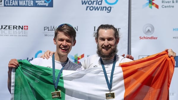 Fintan McCarthy and Paul O'Donovan after winning gold medals at the 2021 World Rowing World Cup II in May