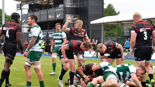 Saracens' Tom Woolstencroft is awarded a try