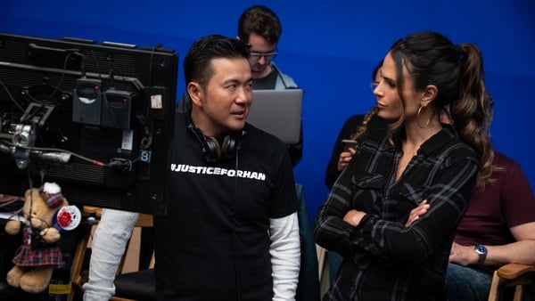 Jordana Brewster (right) on set with Fast and Furious director Justin Lin