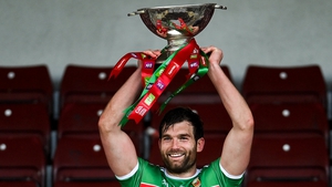 Mayo captain Aidan O'Shea lifts the Nestor Cup in 2020