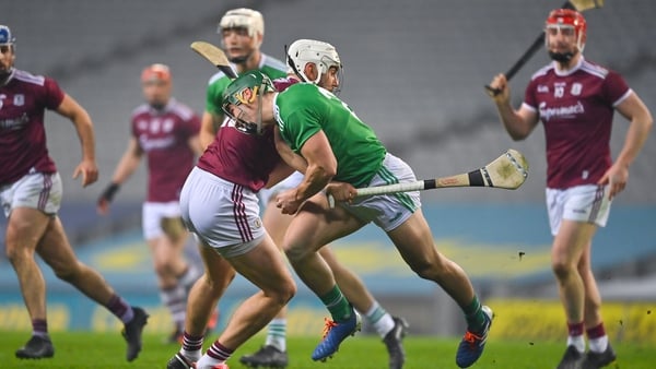 Galway's Jason Flynn tackles Sean Finn of Limerick during the 2020 All-Ireland semi-final