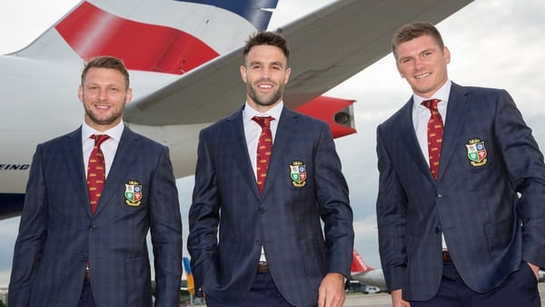 New Lions captain Conor Murray (c) with Dan Biggar (l) and Owen Farrell as the team departed