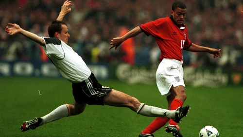 Dietmar Hamann (L) in action against England's Kieron Dyer at Wembley back in 2000