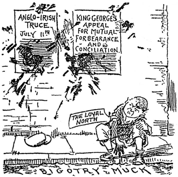 Century Ireland Issue 208 - Cartoon from the nationalist Sunday Independent showing loyalists in the north-east of Ireland slinging 'bigotry muck' at the sentiments of peace and goodwill. The original caption read: 'Ireland's Bad Boy'. Photo: Sunday Independent, 17 July 1921