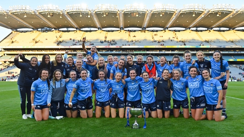 The Dublin team celebrate with the Lidl National League cup