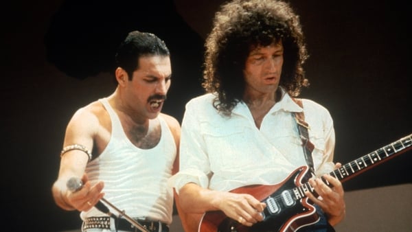 Freddie Mercury and Brian May on stage at Live Aid on July 13, 1985 in London