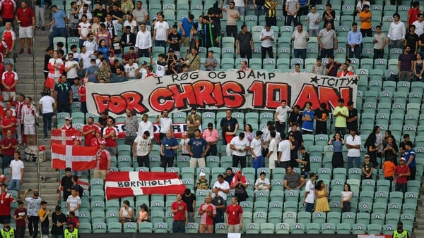 Denmark fans display a tribute banner to Christian Eriksen