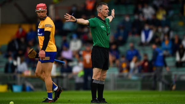 Referee James Owens indicates a penalty for Tipperary during the Munster semi-final against Clare