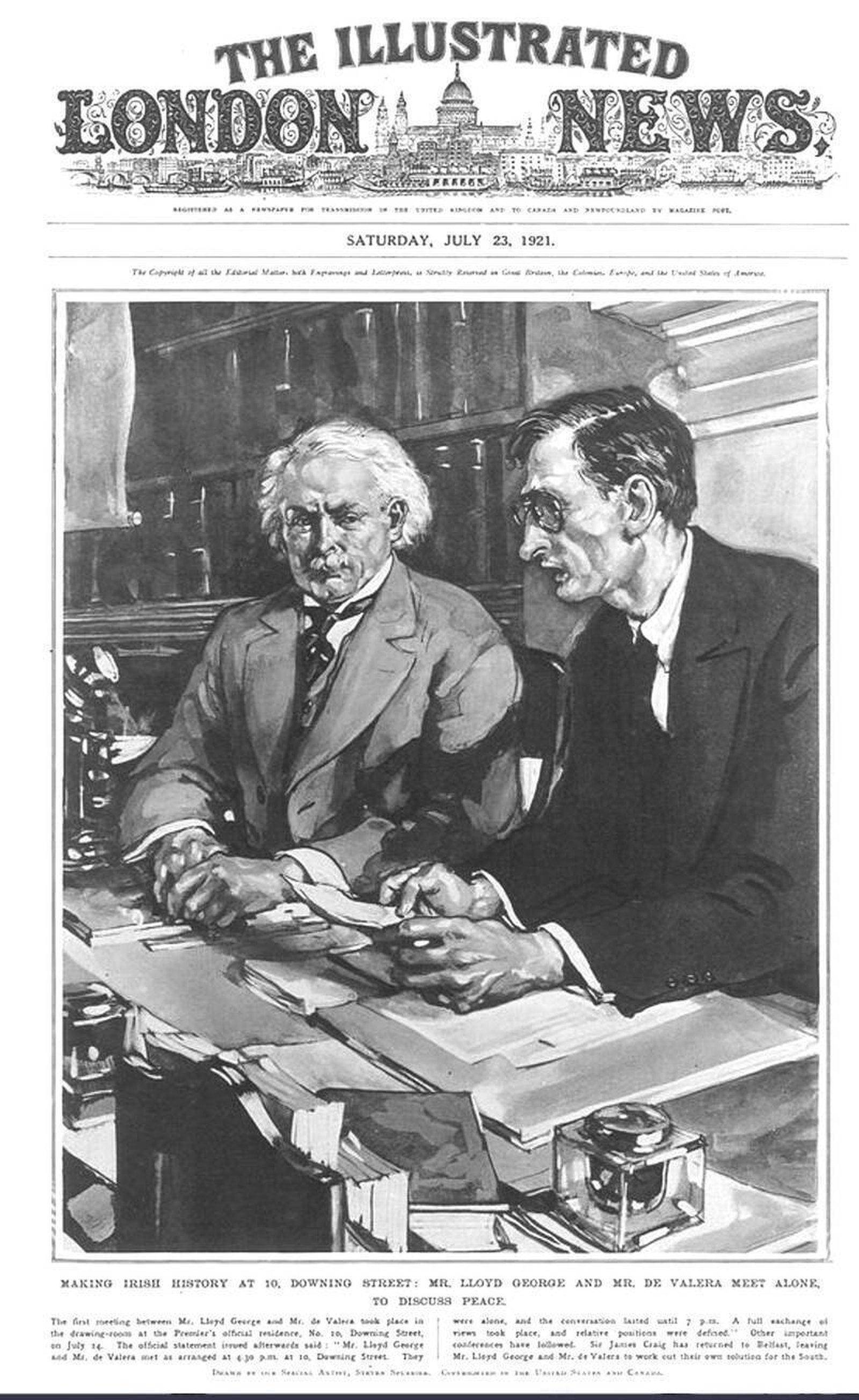 Image - Face to Face at last. The Illustrated London News front page illustration of the first meeting in Downing Street, of Eamon de Valera and David Lloyd George. (Credit: Alamy images)