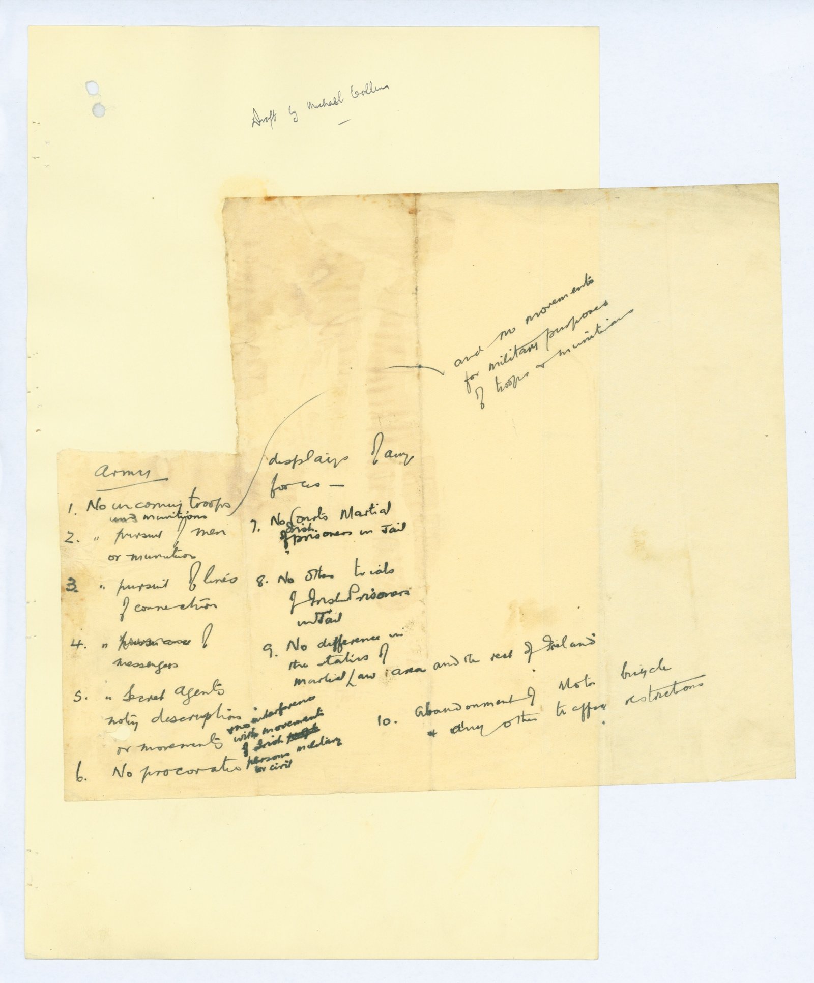 Image - Michael Collins' own first draft of what would become the Truce document. It might have been written in haste, but the laser-like focus on the priorities for the IRA is already obvious.
Credit: By kind permission of the National Archives.