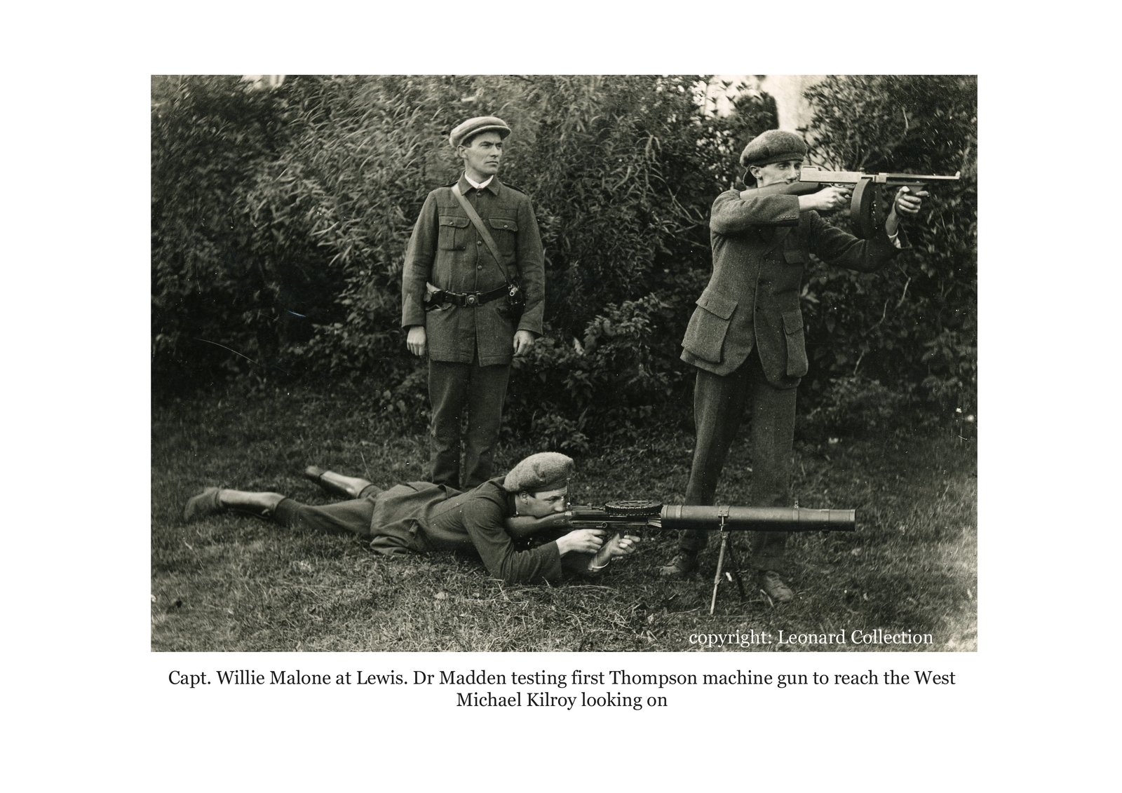 Image - From the same camp, veterans showed off the new heavy weaponry, including here, a Lewis Gun, and the first Thompson Sub-Machine Gun brought west of the Shannon.
Credit: JJ Leonard Collection.