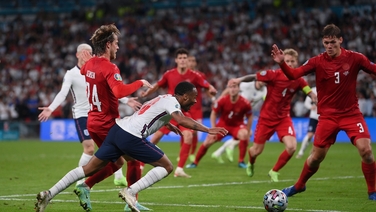 Raheem Sterling reacts to England's win over Denmark