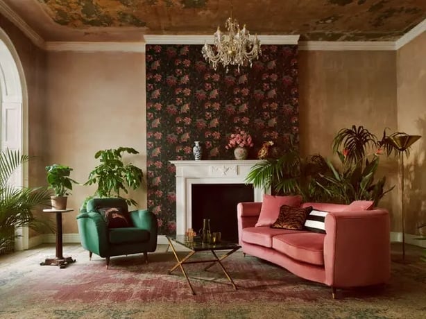 Vintage Botanicals Black Wallpaper, £35 per roll (furnishings from a selection), Paloma Home and Sofology (Michael Sinclair/Olivia Gregory/PA)
