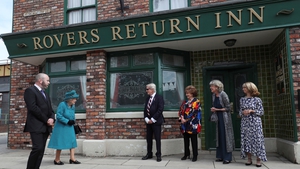 Britain's Queen Elizabeth II meets actors (L-R) William Roache, Barbara Knox, Sue Nicholls and Helen Worth as she visits the set of the long running television series Coronation Street in Manchester. Photo by Scott Heppe