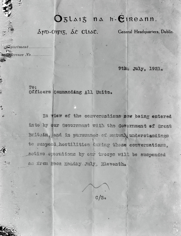 Copy of a letter from the Chief of Staff of the Irish Republican Army (IRA) suspending military operations against the British, dated 9 July 1921. 
