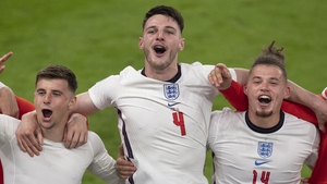 England players - including Declan Rice - celebrating their semi-final win
