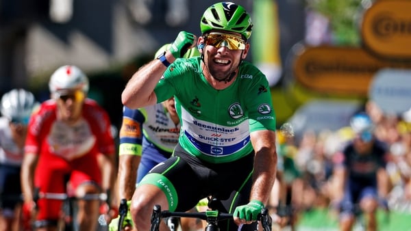 Cavendish crosses the finish line at the end of the 13th stage