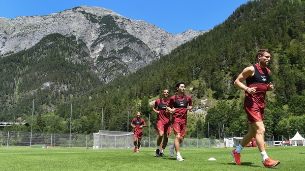 Virgil van Dijk, James Milner, Takumi Minamino and Joel Matip at the Austria training camp