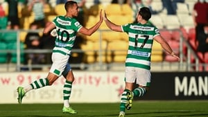 Graham Burke celebrates with team-mate Richie Towell after scoring from the spot against Slovan Bratislava