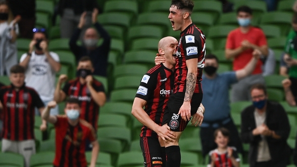 Georgie Kelly (L) celebrates with Dawson Devoy after scoring Bohemian's first goal