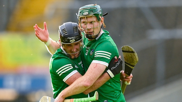 Limerick's Darragh O'Donovan (L) and William O'Donoghue celebrate after their Munster SHC semi-final win against Cork