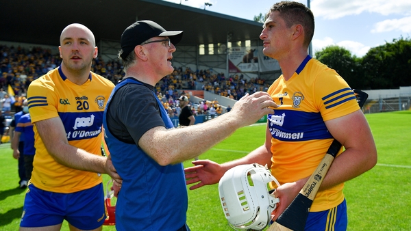 Clare manager Brian Lohan congratulates Conor Cleary after the win over the Model men