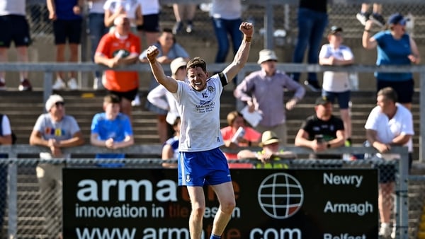 Conor McManus celebrates at the final whistle at Páirc Esler
