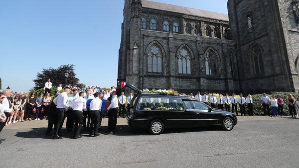 Mourners at the funeral for Brendán Óg Ó Dufaigh at St McCartan's Cathedral