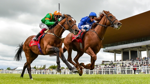Lone Eagle (near side) was denied by Hurricane Lane in a thrilling finish to the Irish Derby on his most recent start