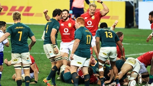 British & Irish Lions players celebrate as Luke Cowan-Dickie goes over for a try