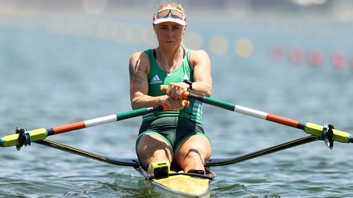 Sanita Puspure competes during the Women's Single Sculls Quarterfinal
