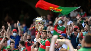 Mayo captain Aidan O'Shea lifts the trophy