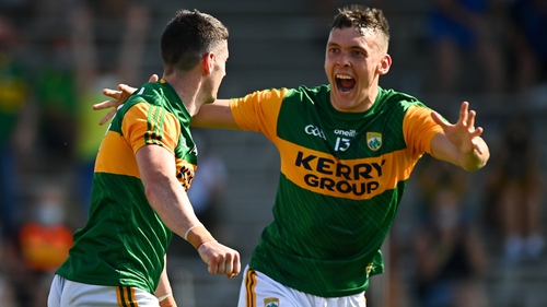 Paul Geaney celebrates his goal with team-mate David Clifford