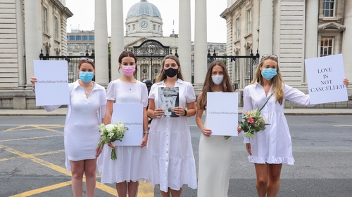 Orla Hogan, Ali O'Mara, Brina Cullen, Anna Killeen, Una O'Huadhaigh as a group of brides-to-be outside Government Buildings