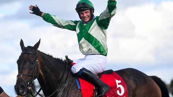 Paul Townend celebrates after riding Royal Rendezvous to victory