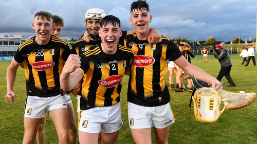 Kilkenny players Ben Whitty, Ted Dunne, Evan Rudkins and Killian Doyle celebrate their Leinster title win