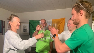 (L-R) Fintan McCarthy's mother Sue, father Tom, sister Kate and twin brother Jake toast his victory