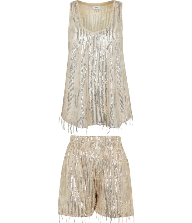 River Island Silver Sequin Tassel Cami Top; Silver Sequin Tassel Shorts