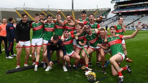 The Mayo team celebrate after their 16-point win over Tyrone