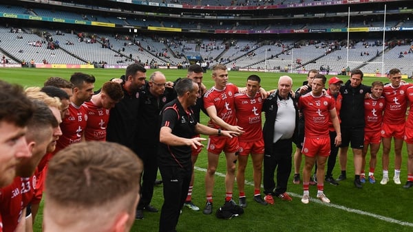 Tyrone joint-manager Brian Dooher talks to the Tyrone squad after their Ulster final win over Monaghan