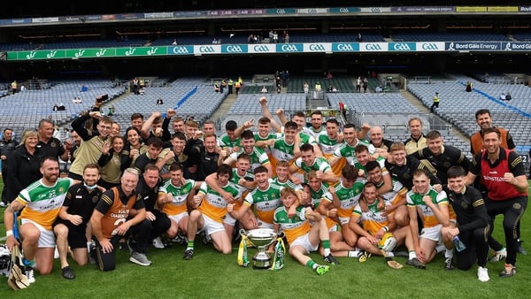 Offaly players and management celebrate Christy Ring Cup victory