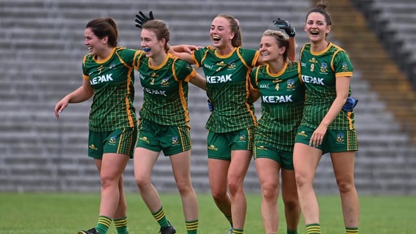 Meath players, from left, Shauna Ennis, Mary Kate Lynch, Aoibhín Cleary, Katie Newe and Máire O'Shaughnessy, celebrate after the game