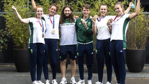 The medal winning rowers at Dublin Airport this afternoon