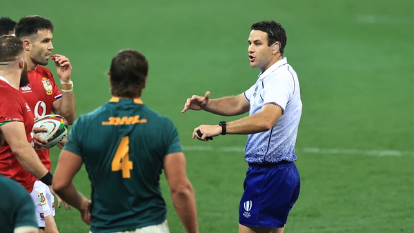 Referee Ben O'Keeffe issues instructions during the second Test match between South Africa and the Lions