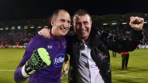 Gary Rogers with then Dundalk boss Stephen Kenny after the second leg against BATE in 2016