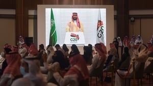 Saudi Crown Prince Mohammed bin Salman addressing a press conference during the G20 summit in November 2020
