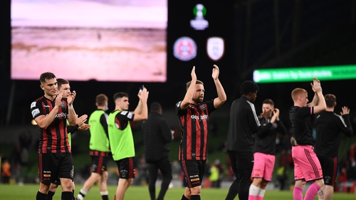 Bohemians' players applauds fans at the Aviva Stadium at full-time