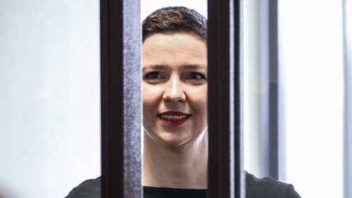Maria Kolesnikova pictured inside the defendants' cage at the opening of her trial