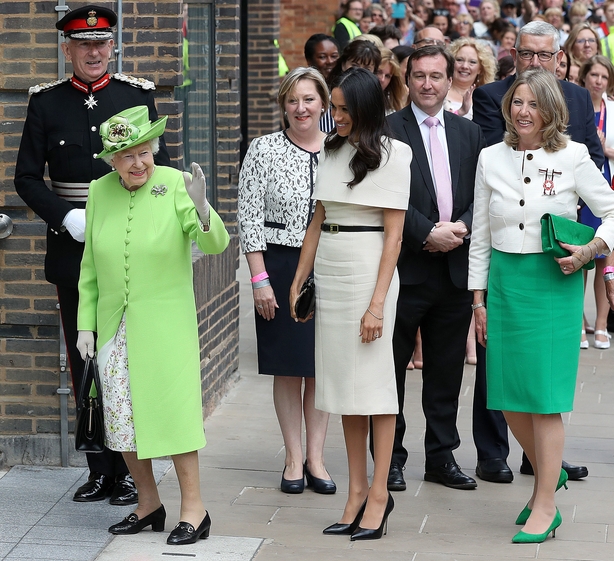 Queen Elizabeth II and the Duchess of Sussex arrive to visit Storyhouse Chester, where they will be taken on a tour of the building before unveiling a plaque to mark the official opening.