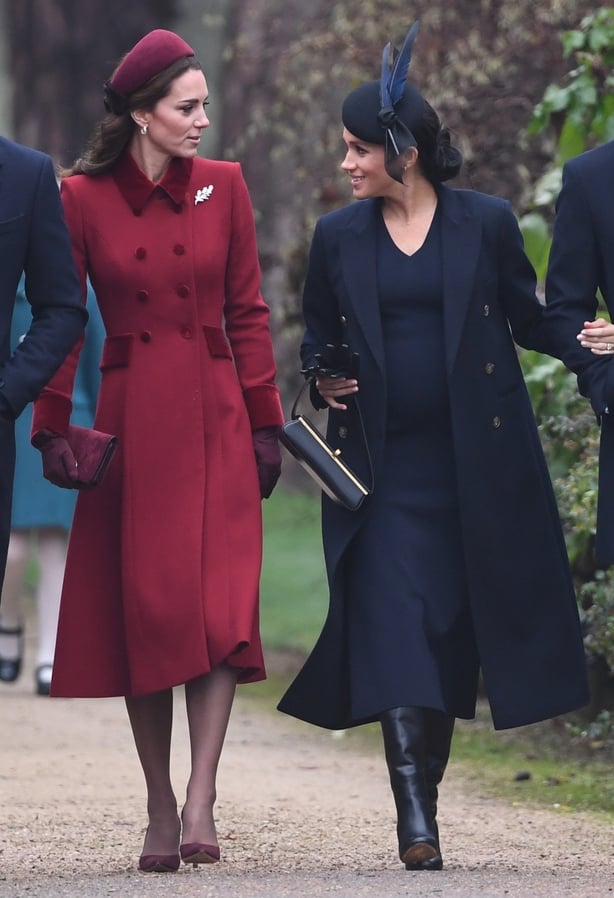The Duchess of Cambridge and the Duchess of Sussex arriving to attend the Christmas Day morning church service at St Mary Magdalene Church in Sandringham, Norfolk.
